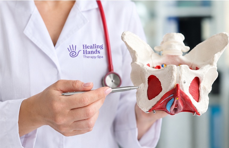 Anatomical model of the pelvic floor muscles used during a physiotherapy assessment.