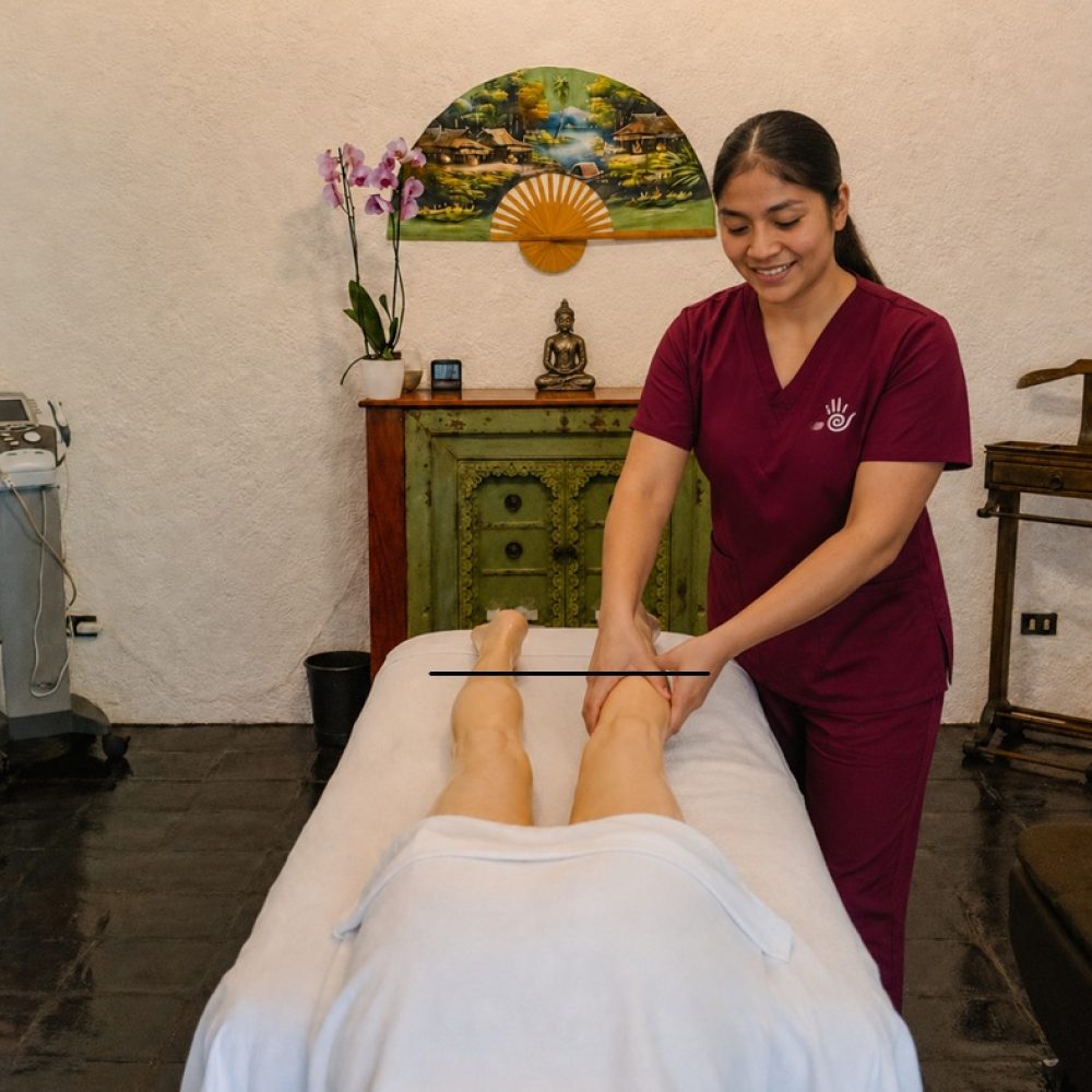 Therapist performing manual lymphatic drainage at Healing Hands, Antigua Guatemala